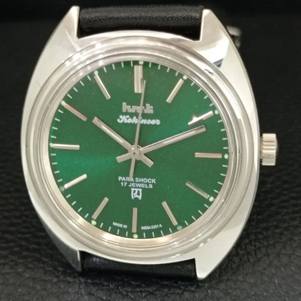 Vintage 1974 HMT Manual Wound Mens Silver Watch & Green accents